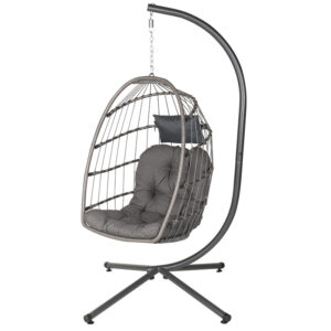 BORMANN BSP1166 Κρεμαστή Κούνια Φωλιά Με Βάση Ratan, Μαξιλάρι, 95x95x196cm, Αντοχής Έως 130Kg, Γκρι