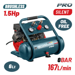BORMANN BAT5006 Αεροσυμπιεστής Μονομπλόκ,Oil Free,Silent,Brushless,1.5Hp,6L,167L/min