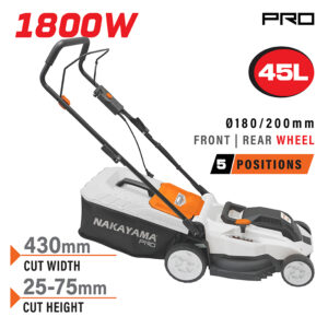 NAKAYAMA EM4021 Χλοοκοπτική Ηλεκτρική 1800W, Κοπή 43cm, Κάδος 45L, Ρύθμιση 5 Θέσεων (25-75mm)