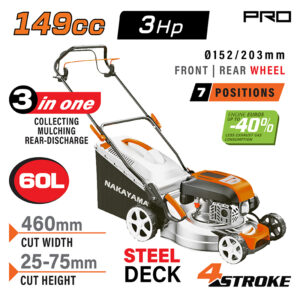 NAKAYAMA Pro PM5460 Χλοοκοπτική Βενζίνης,Ωθούμενη, 147cc, Πλάτος Κοπής 46cm, Κάδος 60L, 8 Θέσεις