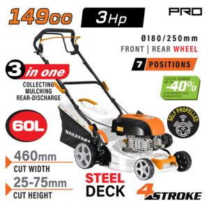 NAKAYAMA Pro PM5465 Χλοοκοπτική Βενζίνης Αυτοκινούμενη,149cc, Πλάτος Κοπής 46cm, Κάδος 60L